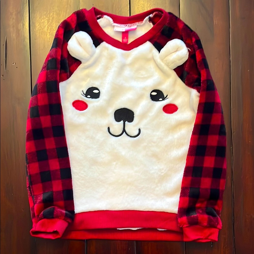 Penelope Mack Cute Bear Face Plaid Winter Fleece Top girls size 7